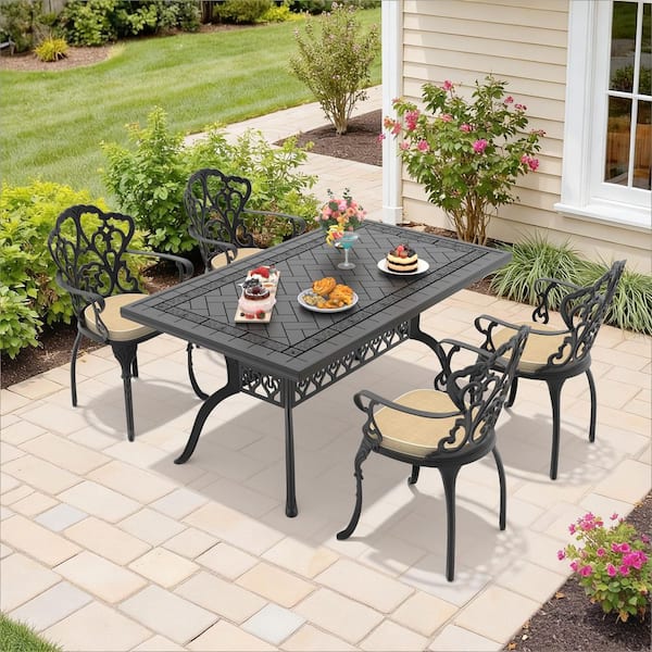 Black 5-Piece Rust-Free Cast Aluminum Outdoor Dining Set with Rectangular Table, 4 Dining Chairs and Off-White Cushions