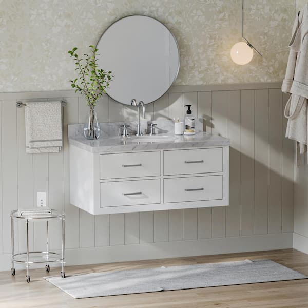 ARIEL Hutton 43 in. W x 22 in. D x 19.6 in. H Bath Vanity in White with Carrara White Marble Top