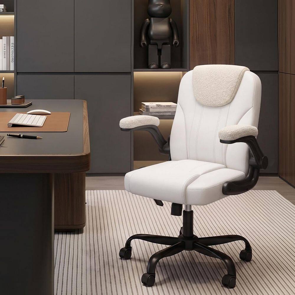 Faux Leather Swivel Ergonomic Office Task Chair in White with Flip-Up Armrests, Lumbar Support, Height Adjustable