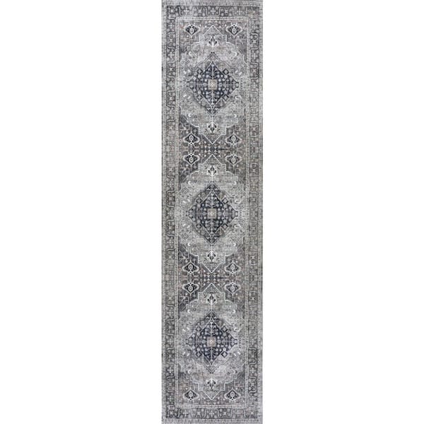 Alacati Ogee Medallion Machine-Washable Dark Gray/Light Gray 2 ft. x 8 ft. Runner Rug