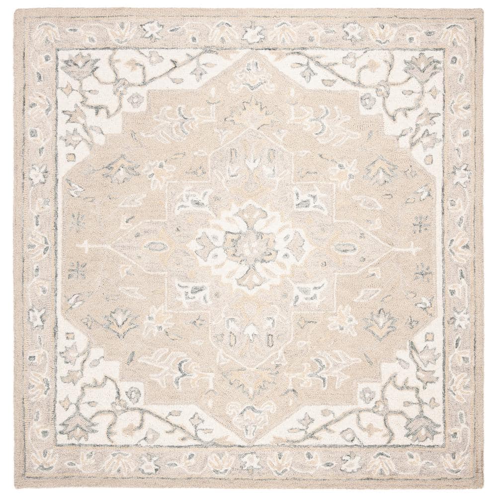 Handmade Light Grey/Ivory Wool Medallion Square Rug - 7'