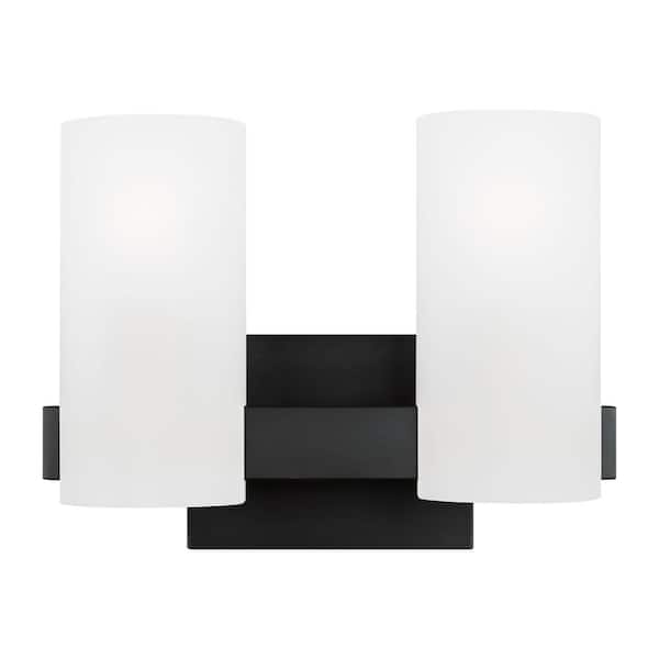 SCOTT LIVING Rhode 12.13 in. 2-Light Midnight Black Medium Vanity Light with Etched Glass Shades