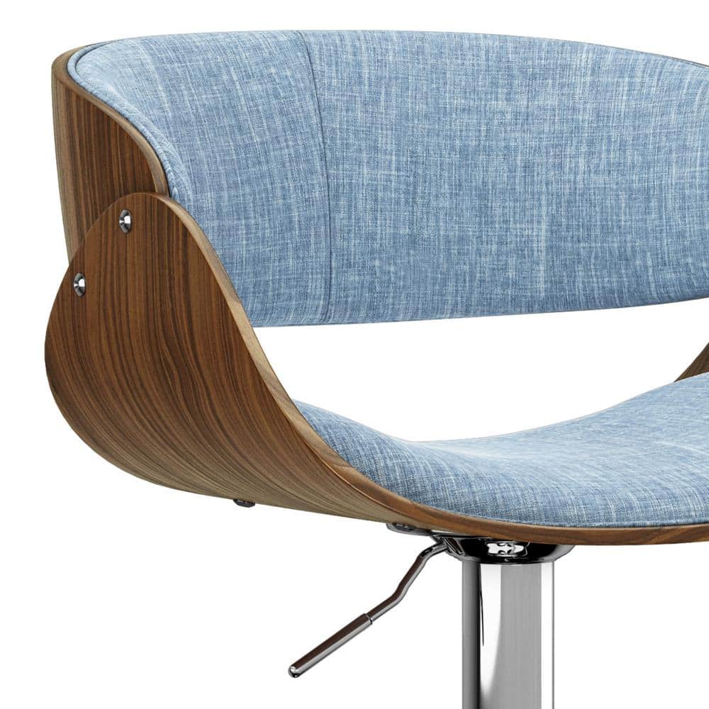 Denim Blue Adjustable Swivel Bar Stool with Walnut Veneer