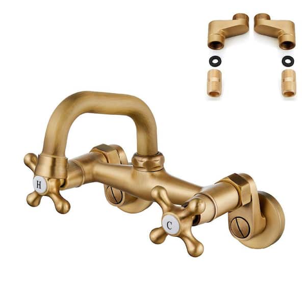 Double Handle Wall Mount Standard Kitchen Faucet in Antique Brass