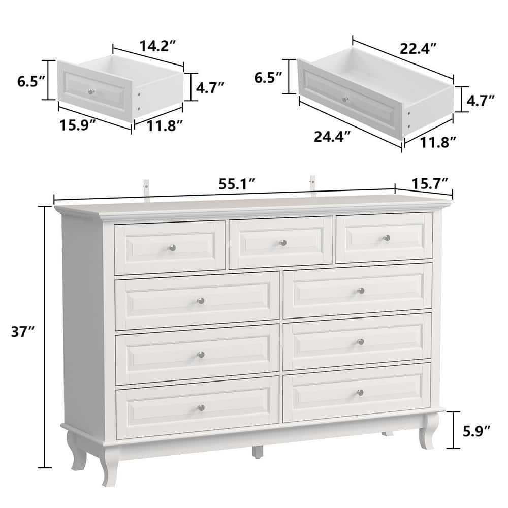 9-Drawer White Wood Dresser Bedroom Storage Cabinet Modern Style 37 in. H x 55.1 in. W x 15.7 in. D - thumbnail 3