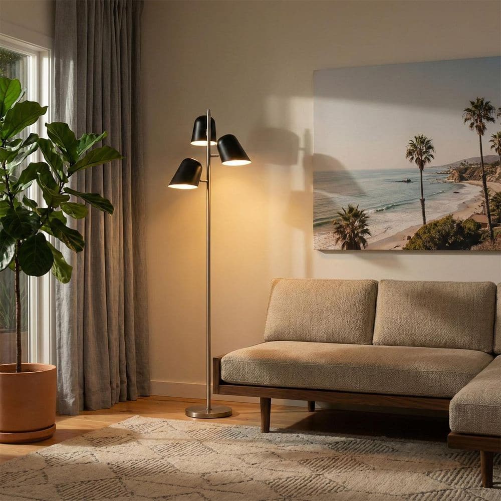 Culver 59 in. Satin Nickel Mid-Century 3-Light Dimmable Integrated LED Tree Floor Lamp Matte Black Steel Cup Shade price history on PriceWatchPro