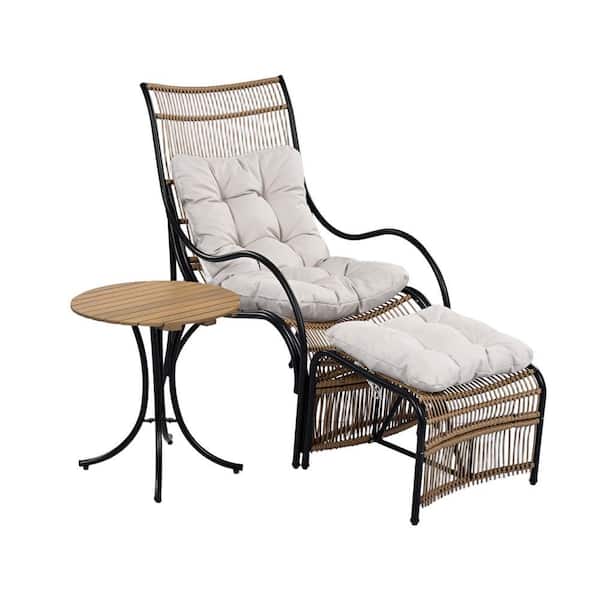 Outdoor Black 3-Piece Wicker Patio Conversation Set with Beige Cushions, with Chairs Table Set with Cushions, Ottoman