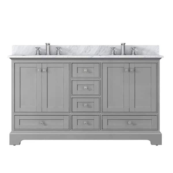 ANGELES HOME 60 in. W x 22 in. D x 34 in. H Solid Wood Bath Vanity in Gray with Carrara White Marble Top, Ceramic Sink and Backsplash