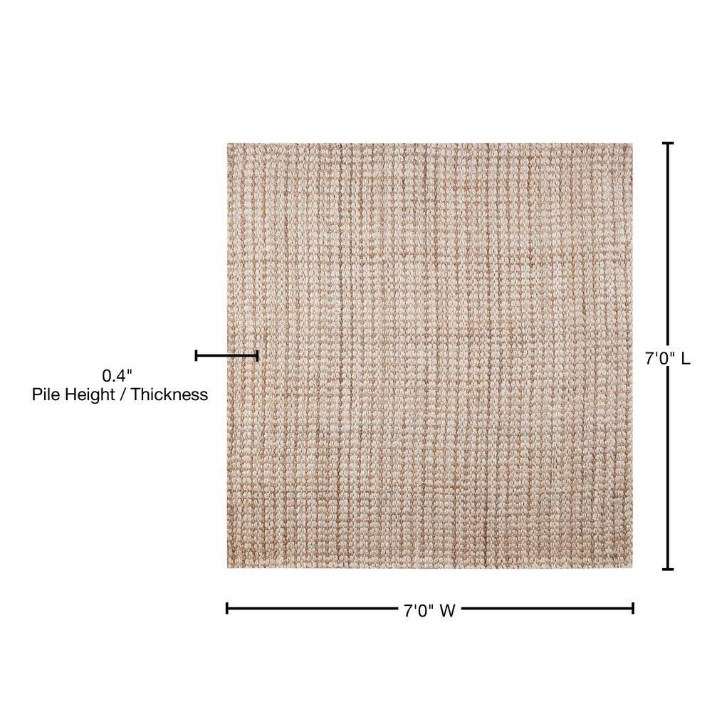 Ivory and Light Brown Hand-Woven Jute Square Rug, 7' x 7'