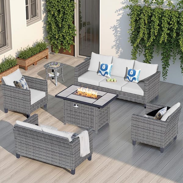OVIOS New Star Gray 6-Piece Wicker Patio Rectangle Fire Pit Conversation Seating Set with Gray Cushions