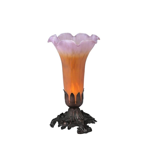 MEYDA Pond Lily 8 in. Mahogany Bronze Novelty Victorian Accent Table Lamp with Amber and Purple Glass Shade