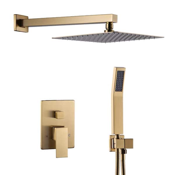 WOWOW Single Handle 2-Spray Shower Faucet 1.8 GPM with 10 in. Square Shower Head and Adjustable Heads in Brushed Gold