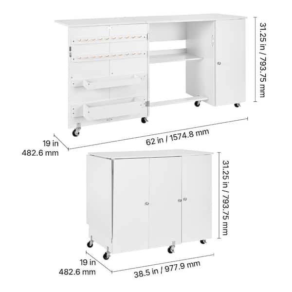 Bunpeony Folding Sewing Machine Table with Cabinet, 62 in. Top