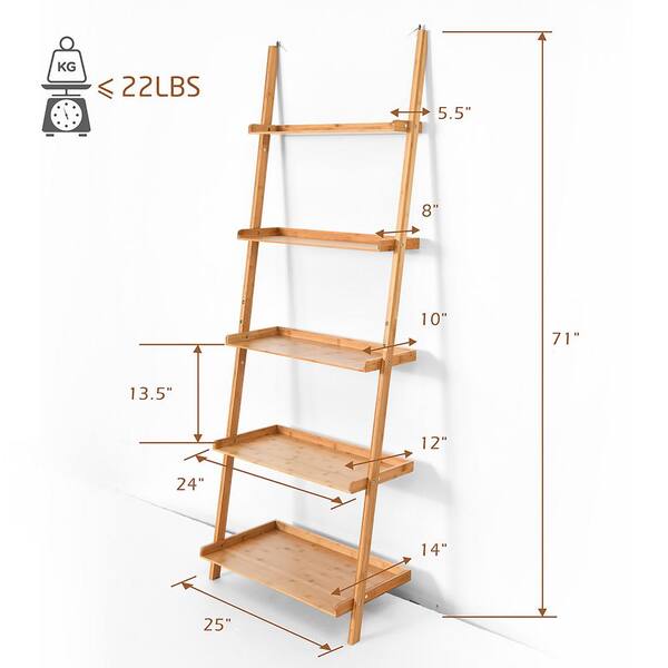 Costway 71 in. Natural Bamboo 5 -Shelf Ladder Bookcase with Wall