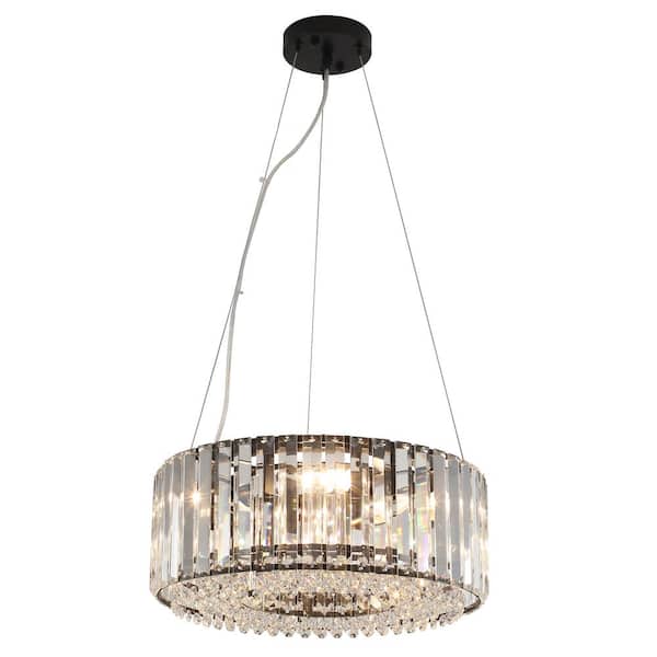 5-Light Black Modern Dimmable Crystal Drum Chandelier for Kitchen Island, Dining Room with No Bulbs Included