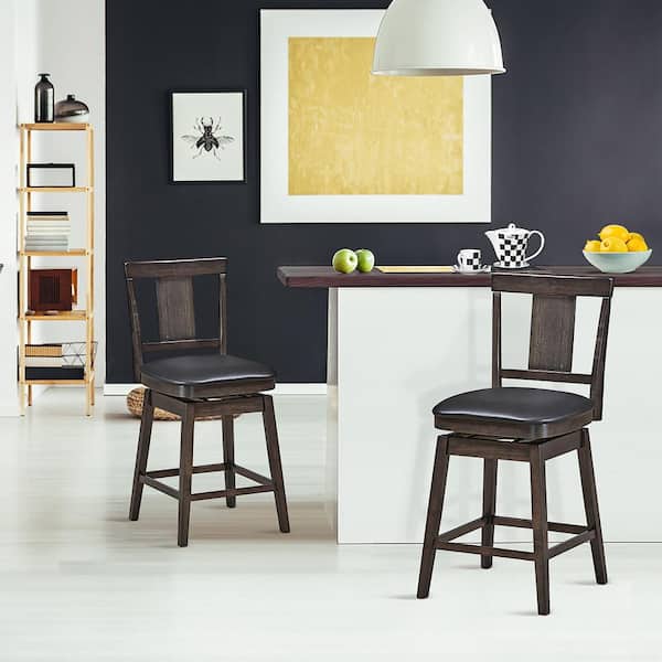24 in. Brown Height Back Wood Frame Counter Height Swivel Bar Stool with Leather Seat(Set of 2)