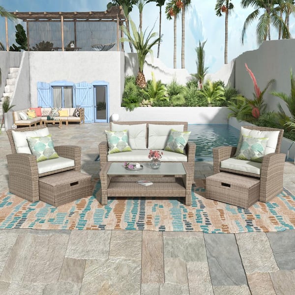 Boosicavelly 4-Piece Wicker Outdoor Conversation Set with Beige Cushions and Ottomans