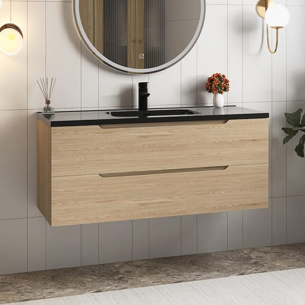48 in. Wall-Mounted Evita Oak Bath Vanity with Black Quartz sand Top Assembled