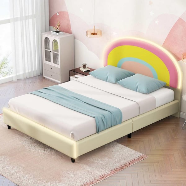 Polibi Beige Wood Frame Twin Platform Bed with Rainbow Shaped and Height-Adjustable Headboard