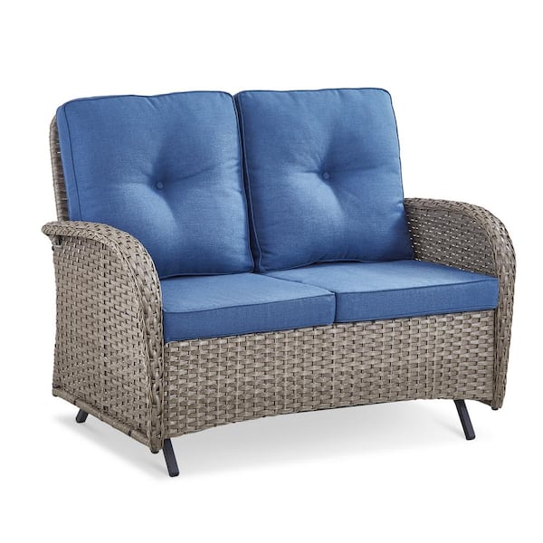 Gymojoy Carlos 2-Person Gray Wicker Outdoor Loveseat Double Glider with Blue Cushions