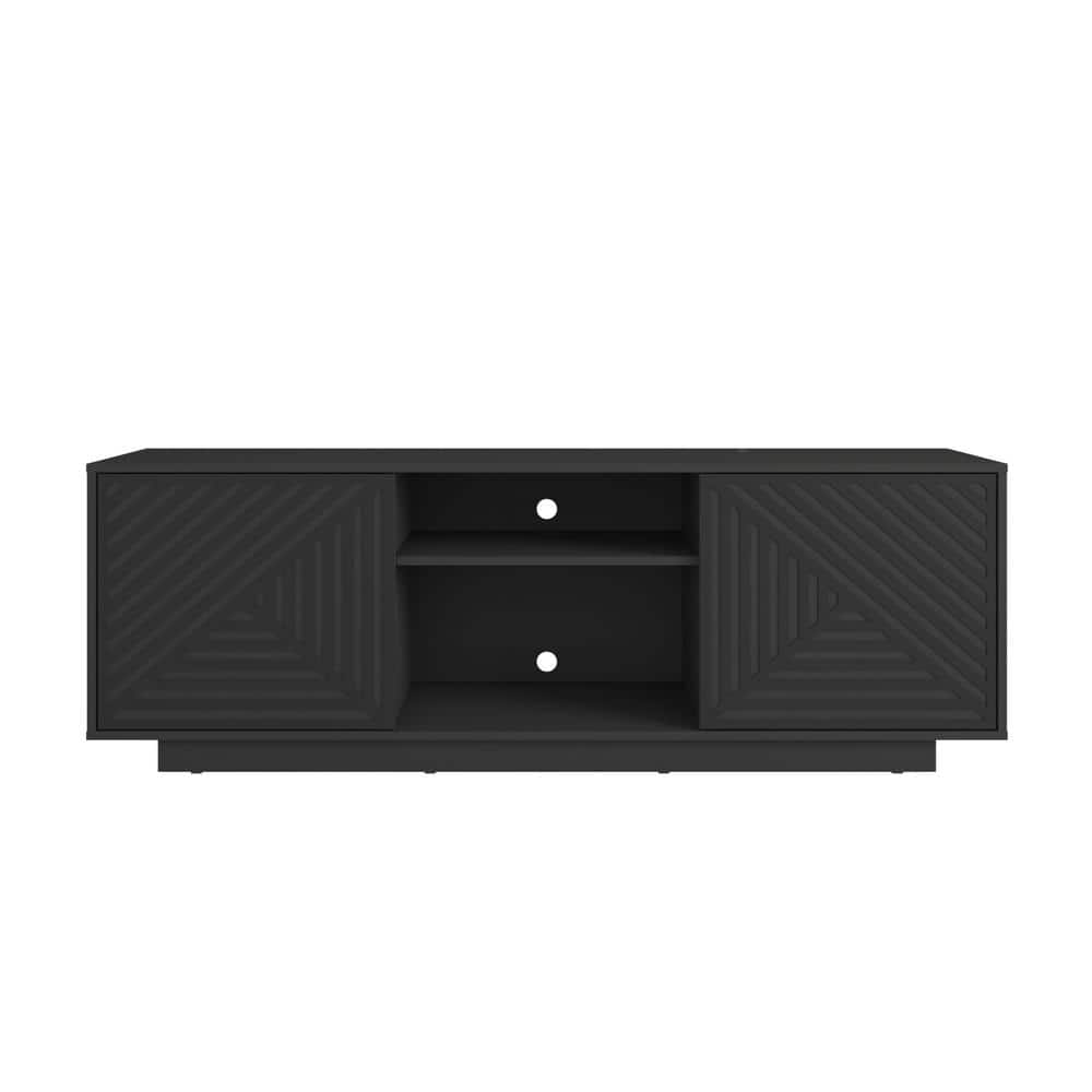 Black Particle Board TV Stand with Chevron Pattern Doors, 63"