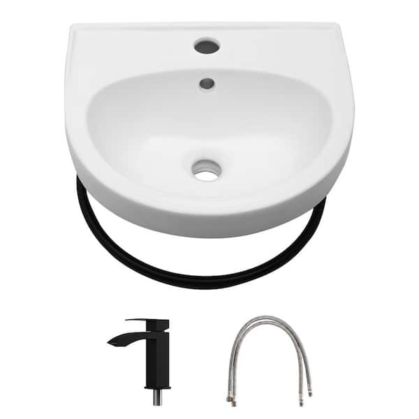 16 in. Ceramic Rectangular Wall-Mount Bathroom Sink with Single Faucet and Wall Bracket in Black