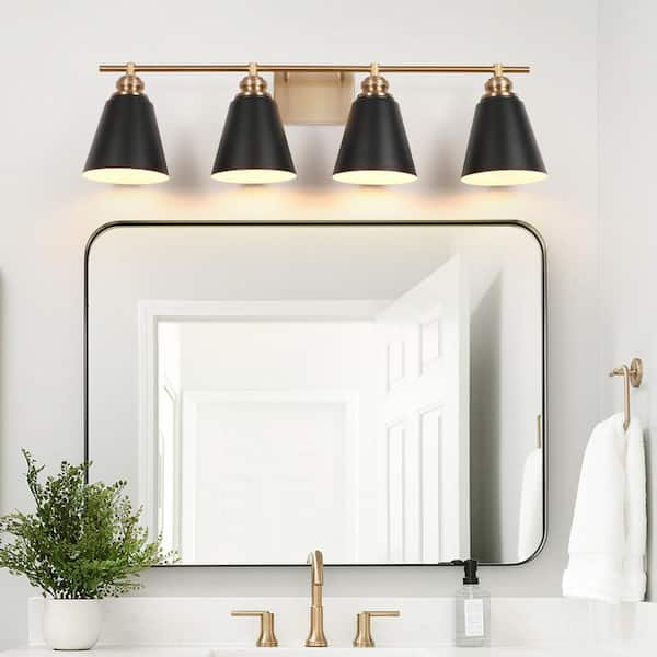 Modern 31.5 in. 4-Light Brushed Gold Vanity Light with Black Metal Shades