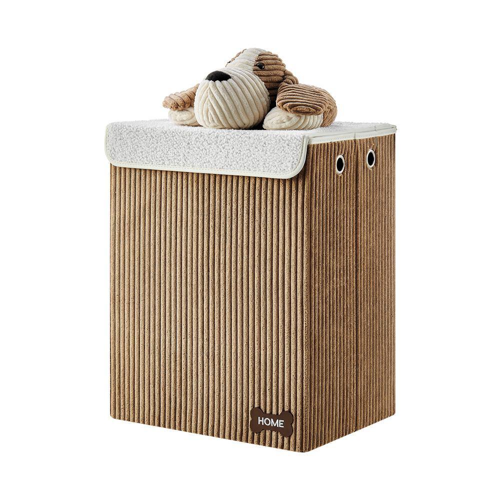 Brown Corduroy Collapsible Kids Hamper with Plush Dog Lid