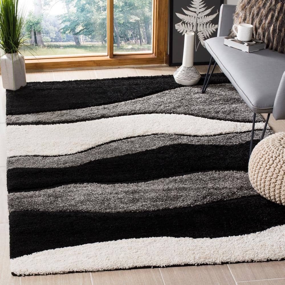 Grey and Black Geometric Waves Shag Area Rug