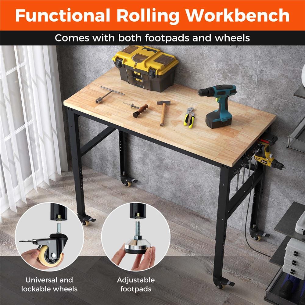 48'' Adjustable Oak Wood Top Workbench with Steel Frame and Power Outlets