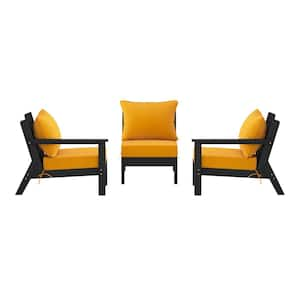 Birchwood Black Arrangeable Outdoor Patio 3-Piece Deep Seating HDPE Sofa Arm Chair Set w/ Yellow Cushions