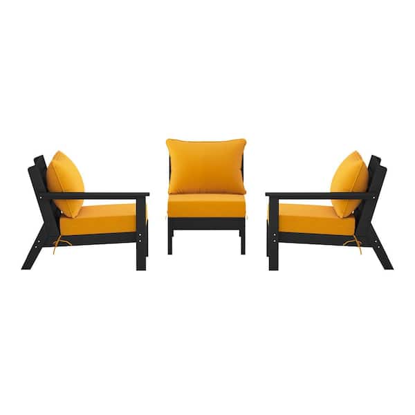 Birchwood Black Arrangeable Outdoor Patio 3-Piece Deep Seating HDPE Sofa Arm Chair Set w/ Yellow Cushions
