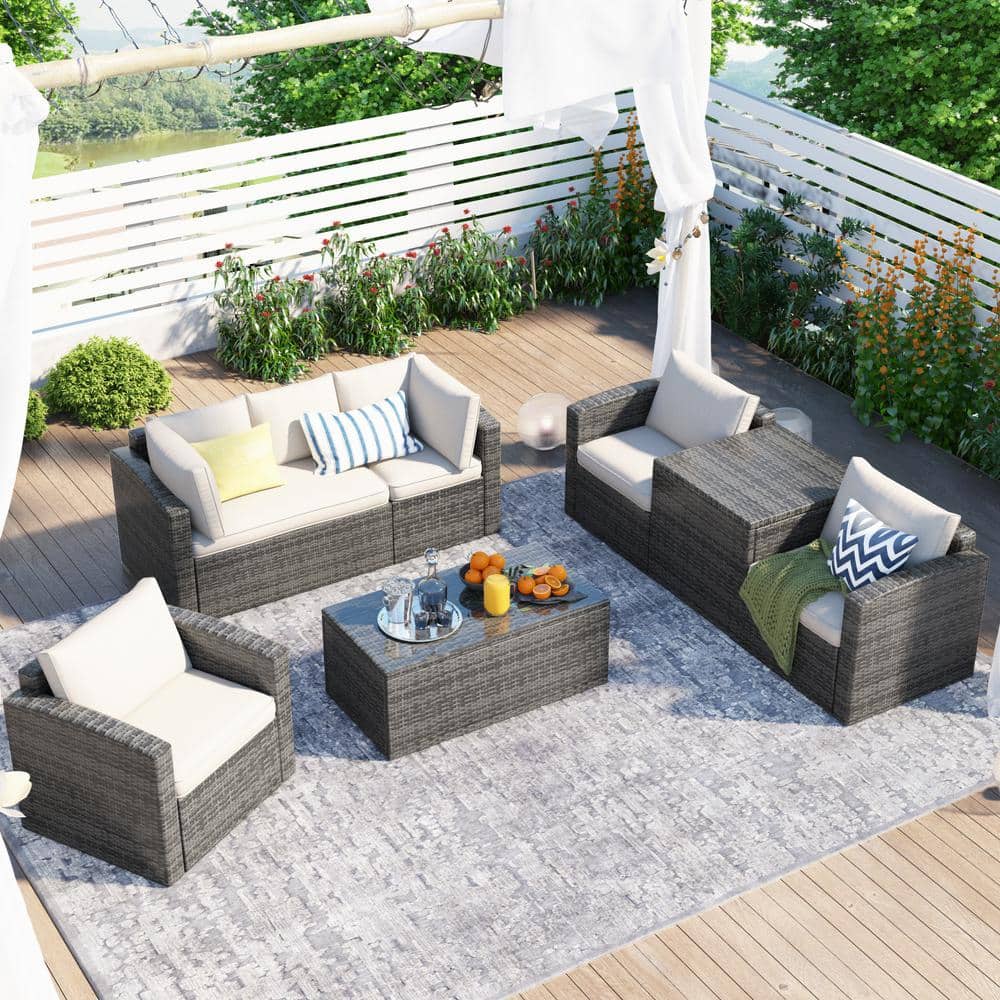 Grey 7-Piece Wicker Patio Conversation Set Sectional Seating Set with Beige