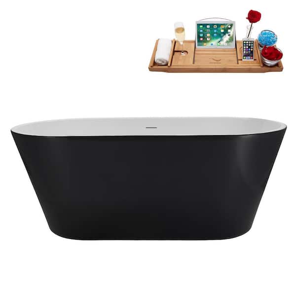 59 in. x 30 in. Acrylic Freestanding Soaking Bathtub in Glossy Black with Matte Black Drain