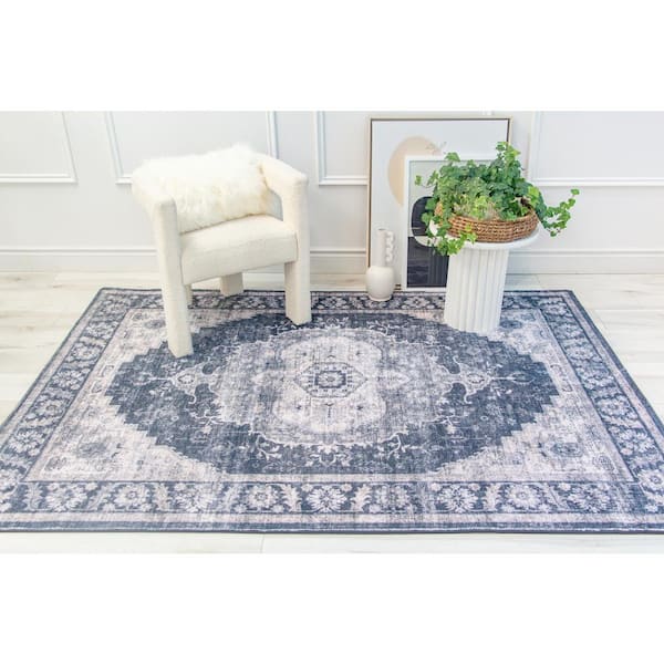 Vintage Traditional Distressed Black Grey 7 ft. x 10 ft. Indoor Soft Area Rug