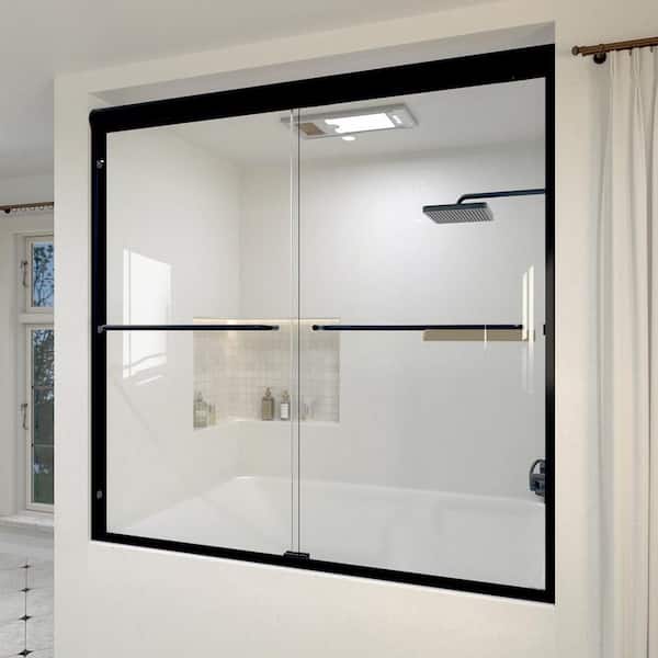 Orvix 60 in. W x 56 in. H Sliding Semi Frameless Tub Door in Matte Black Finish with Clear Glass