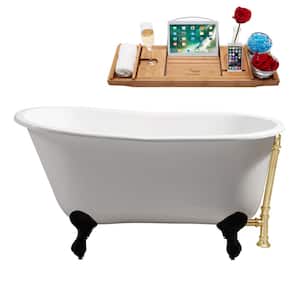 53 in. x 28 in. Cast Iron Clawfoot Soaking Bathtub in Glossy White with Matte Black Clawfeet and Polished Gold Drain