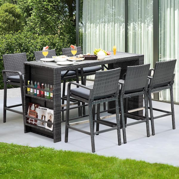 Unbranded Gray 7-Piece PE Wicker Rectangular Bar Height Outdoor Serving Bar Set Patio Dining Set with Dark Gray Cushions