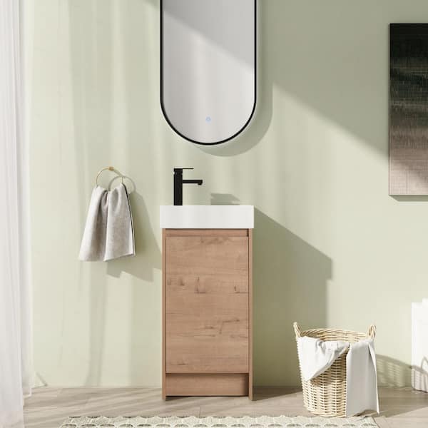 16 in. Freestanding Single Oak Bath Vanity with White Ceramic Vanity Top Assembled