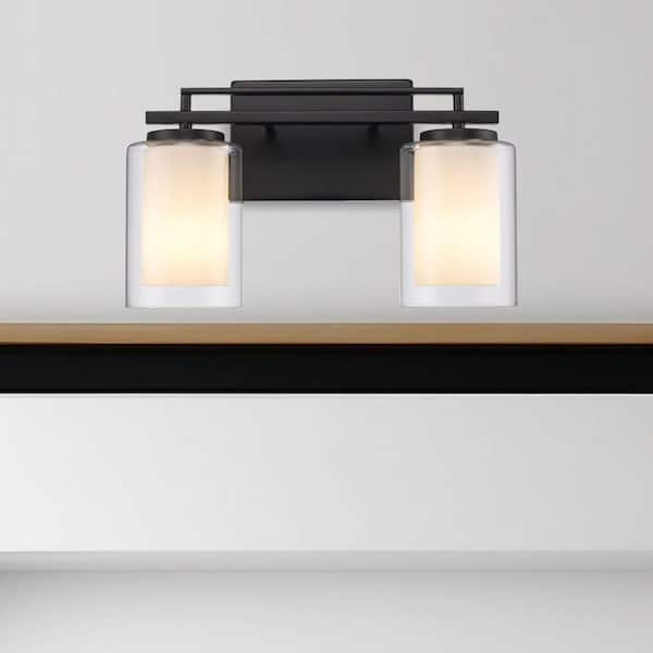 Lisbon 14.25 in. 2-Light Black Bathroom Vanity Light Fixture with Clear Glass Outer and Opal Glass Inner Shades
