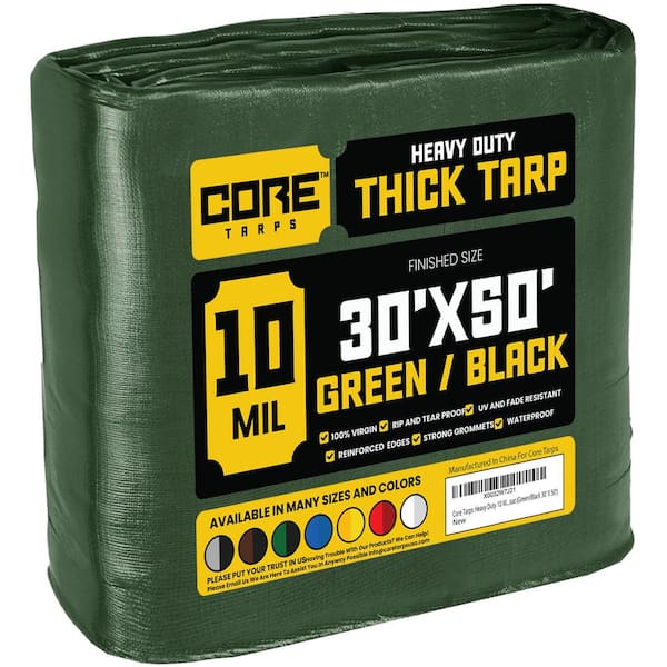 CORE TARPS 30 ft. x 50 ft. Green/Black 10 Mil Heavy Duty Polyethylene Tarp, Waterproof, UV Resistant, Rip and Tear Proof