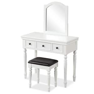 2-Piece White Makeup Vanity Set Desk Cushioned Stool 3 Drawer Large Mirror