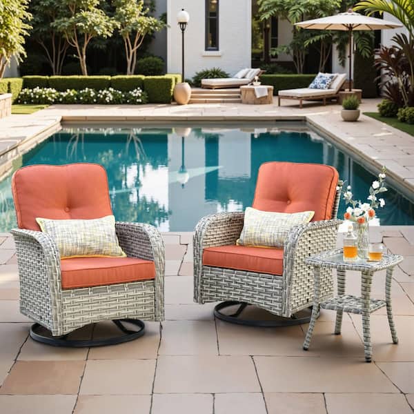 Toject Beverly Gray 3-Piece Wicker Outdoor Patio Conversation Swivel Rocking Chair Seating Set with Red Cushions