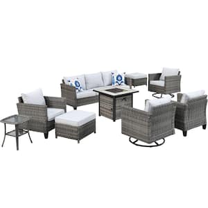 Lake Powell Gray 9-Piece Wicker Patio Conversation Fire Pit Seating Set with Gray Cushions