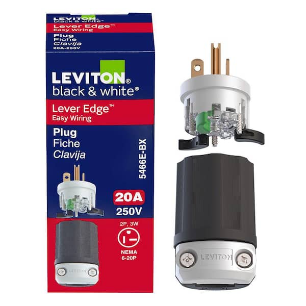 Black & White Lever Edge 20 Amp 250 Volt Straight Blade Plug, NEMA 6-20P, 2P, 3W, Industrial Grade 5466E-BX
