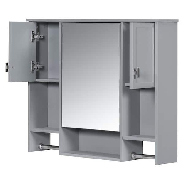 35 in. W x 6.7 in. D x 28.7 in. H Grey Bathroom Rectangular Wall MDF Storage Medicine Cabinet with Mirror and Towels Bar