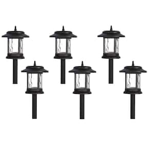 Solar Black Outdoor Integrated LED Lantern Landscape Path Light with Hammered Water Glass Lens (6-Pack)