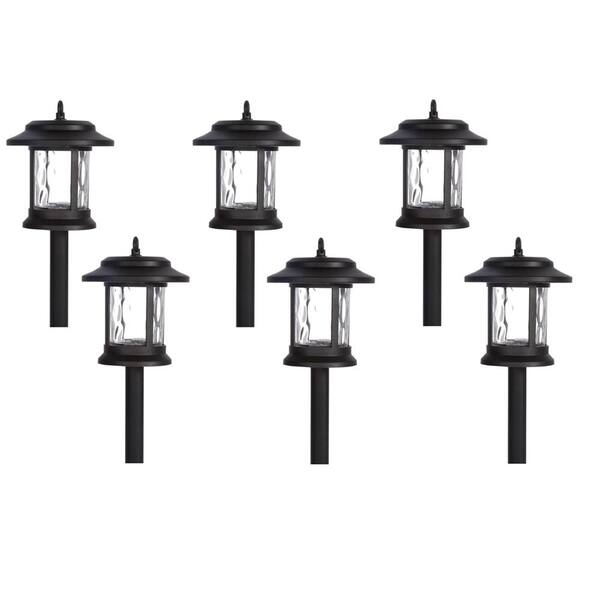 Hampton Bay Solar Black Outdoor Integrated LED Lantern Landscape Path Light with Hammered Water Glass Lens (6-Pack)
