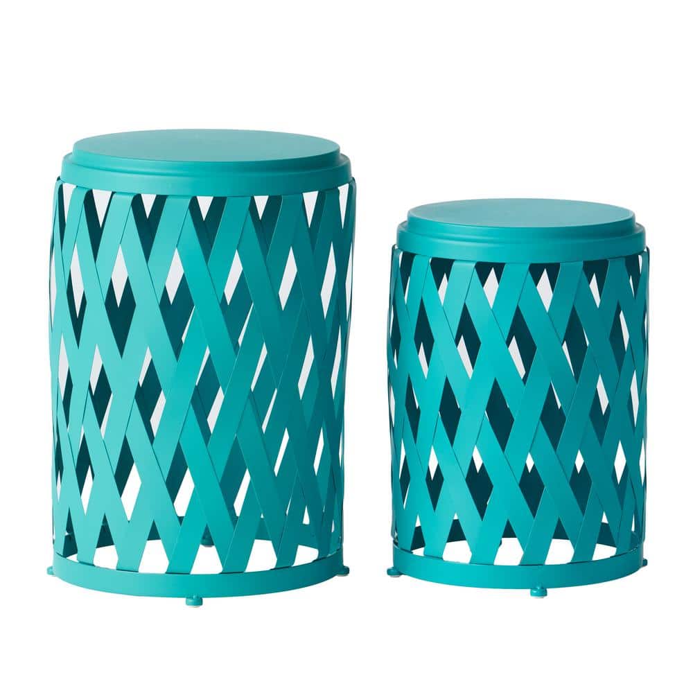 2-Piece Outdoor Modern Round Side Table, Metal Frame, Lattice Design for Pa