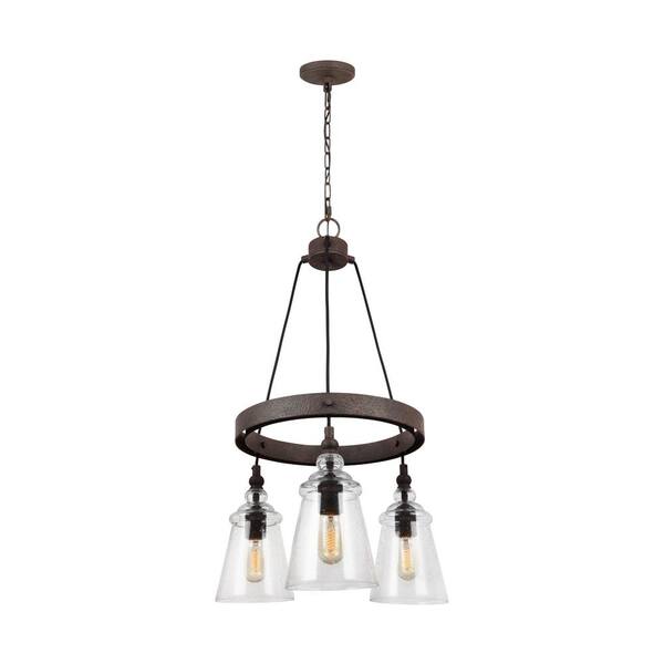 Generation Lighting Loras 3-Light Dark Weathered Iron Industrial Transitional Wagon Wheel Hanging Chandelier with Clear Seeded Glass Shades